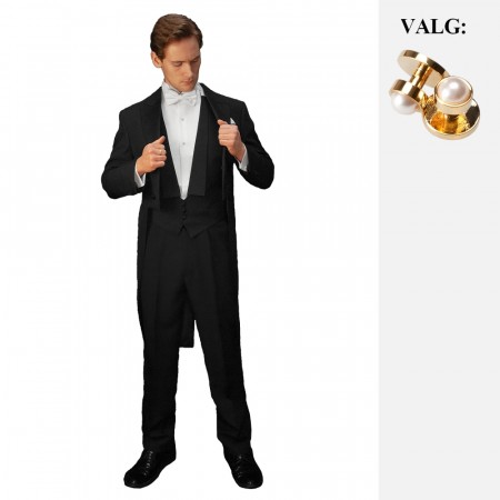 LOGEPAKKE: LIVKJOLEJAKKE, BUKSE, SVART VEST, SKJORTE, SLØYFE, SELER, PYNTELOMMETØRKLE OG BRYSTKNAPPER I GULL